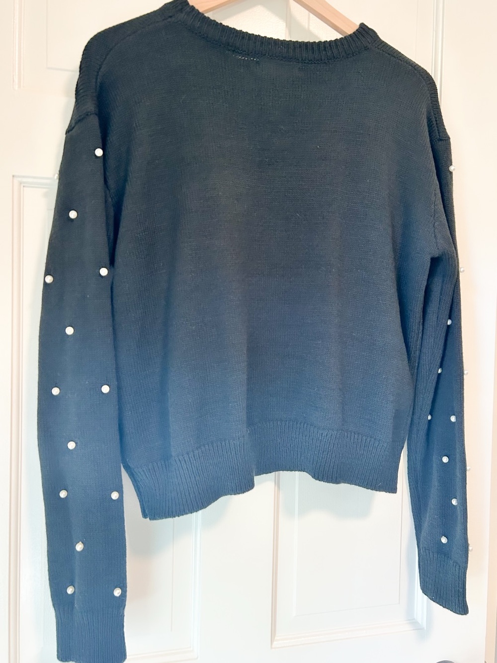 SHEIN Black Raised Dash Knit Pearl Bead Embellished Sleeve Sweater - Size Large - Picture 5 of 7